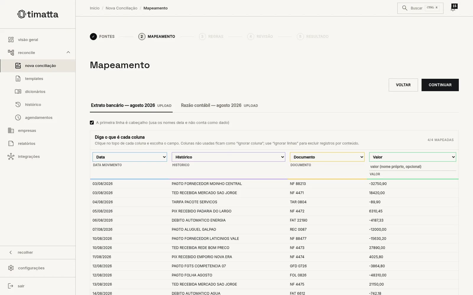 Dados fictícios na tela Mapeamento, com data, histórico, documento e valor identificados no extrato.